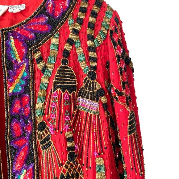 Vintage Laurence Kazar Red Silk Tassel Print Beaded Sequin Blazer Jacket Large - Picture 3 of 11